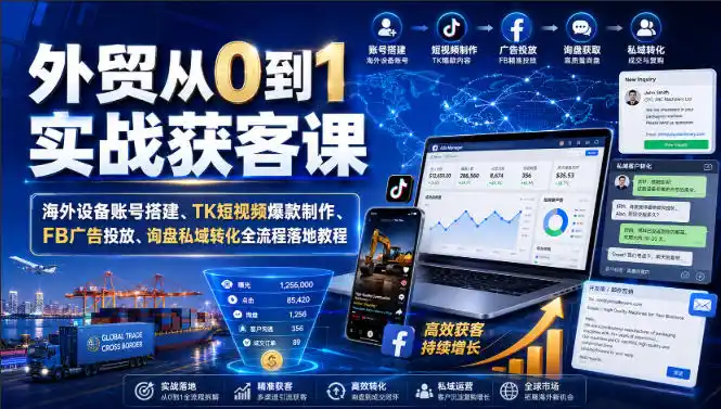 外贸从0到1实战获客课｜海外设备账号搭建、TK短视频爆款制作、FB广告投放、询盘私域转化全流程落地教程 - 项目资源网