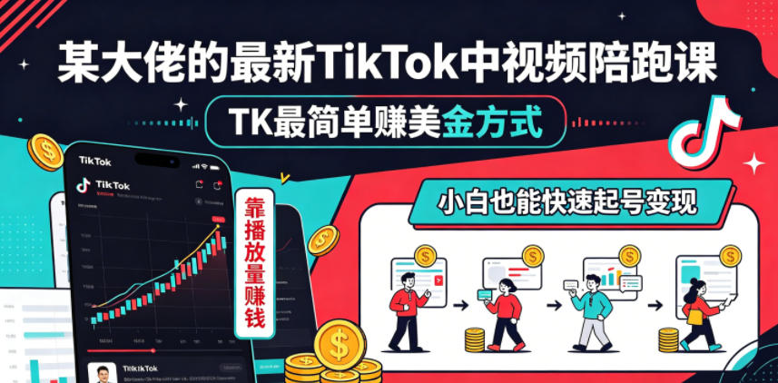 某大佬的最新TikTok中视频陪跑课，TK最简单賺美金方式，靠播放量賺钱，小白也能快速起号变现 - 项目资源网