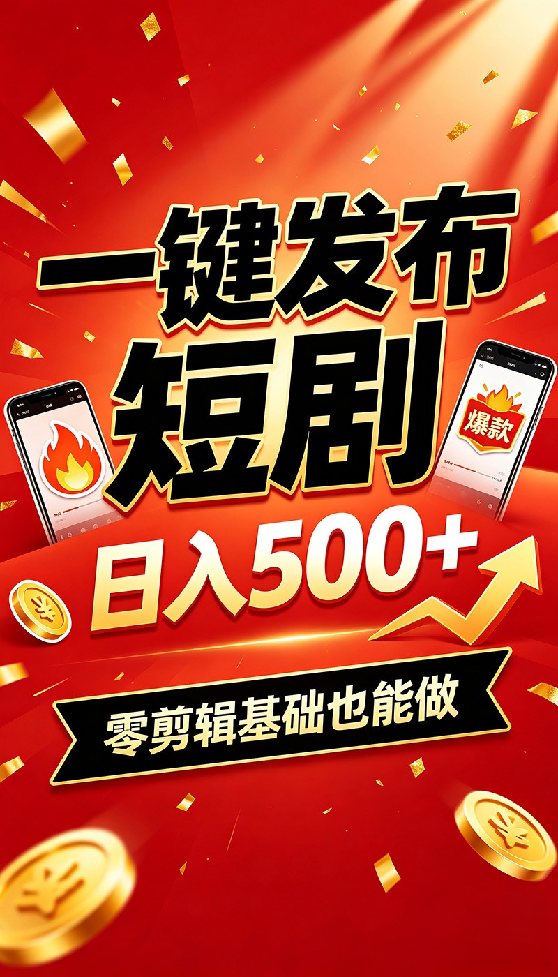 快手短剧一键发布，不用剪辑操作简单，副业日入500+。空闲时间轻松赚收益 - 项目资源网