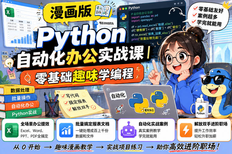 漫画版Python自动化办公实战课｜零基础趣味学编程，全场景办公提效、批量搞定报表文档、解放双手进阶职场 - 项目资源网