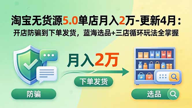淘宝无货源5.0单店月入2万-更新2026：开店防骗到下单发货，蓝海选品+三店循环玩法全掌握 - 项目资源网