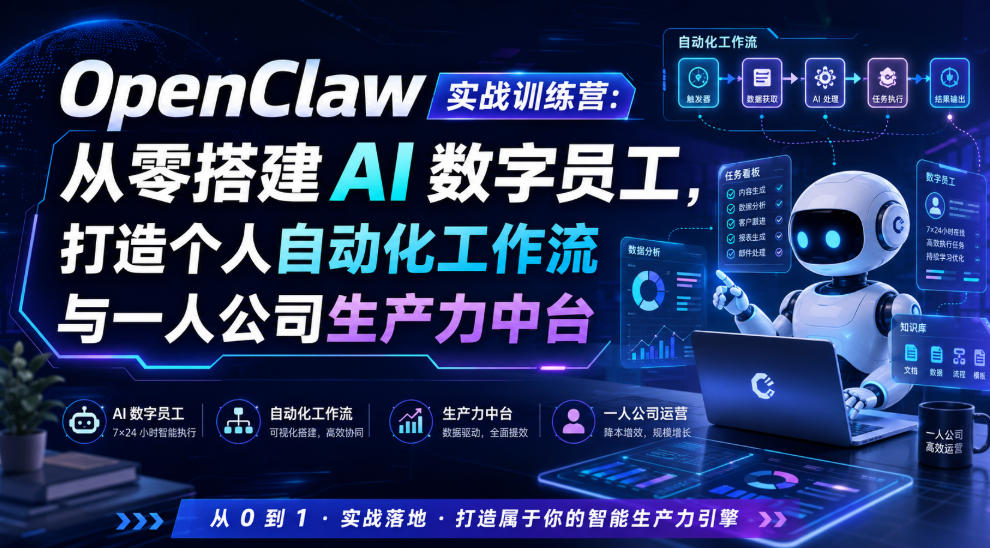 OpenClaw实战训练营：从零搭建AI数字员工，打造个人自动化工作流与一人公司生产力中台 - 项目资源网