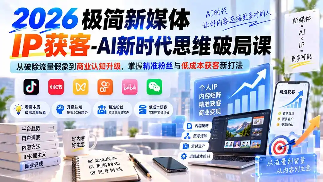 2026极简新媒体IP获客-AI新时代思维破局课：从破除流量假象到商业认知升级，掌握精准粉丝与低成本获客新打法 - 项目资源网