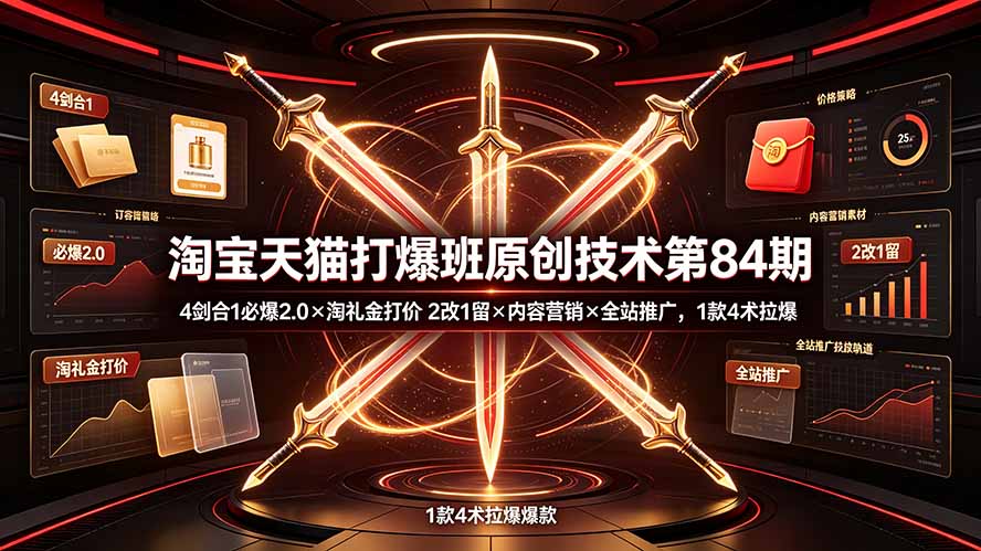 淘宝天猫打爆班原创技术第84期：4剑合1必爆2.0×淘礼金打价×2改1留×内容营销×全站推广，1款4术拉爆 - 项目资源网