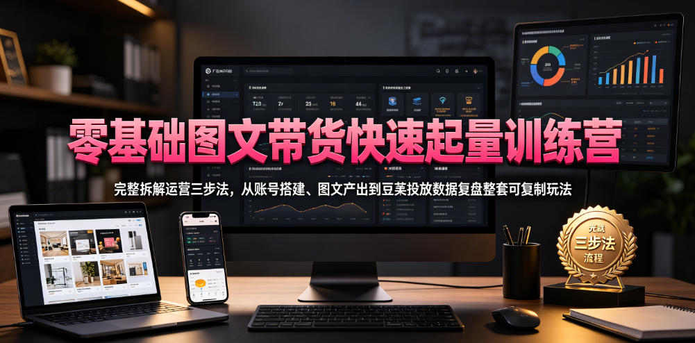 零基础图文带货快速起量训练营，完整拆解运营三步法，从账号搭建、图文产出到豆荚投放数据复盘整套可复制玩法 - 项目资源网