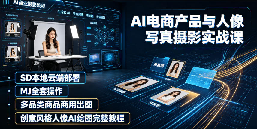 AI电商产品与人像写真摄影实战课｜SD本地云端部署、MJ全套操作、多品类商品商用出图、创意风格人像AI绘图完整教程 - 项目资源网