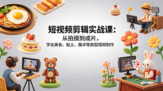 短视频剪辑实战课：从拍摄到成片，学会美食、粘土、魔术等类型视频制作 - 项目资源网