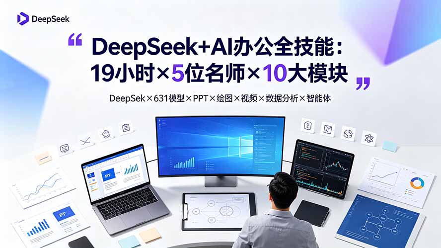 DeepSeek+AI办公全技能：19小时×5位名师×10大模块，DeepSeek×631模型×PPT×绘图×视频×数据分析×智能体 - 项目资源网