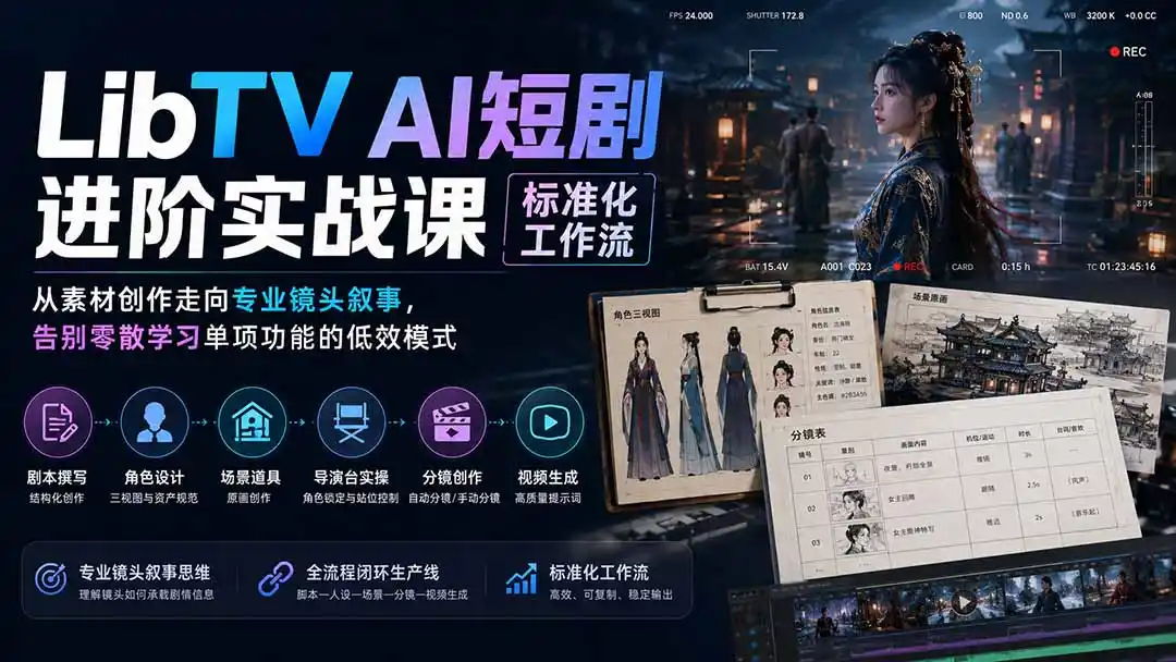 LibTV AI短剧进阶实操课标准化工作流；从素材创作走向专业镜头叙事，告别零散学习单项功能的低效模式 - 项目资源网