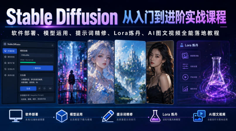 Stable Diffusion从入门到进阶实战课程｜软件部署、模型运用、提示词精修、Lora炼丹、AI图文视频全能落地教程 - 项目资源网