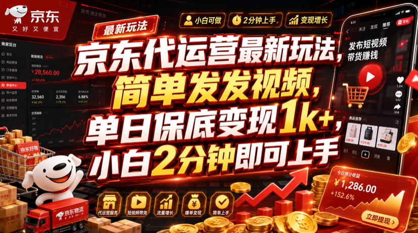 京东代运营最新玩法，简单发发视频，单日保底变现1k+，小白2分钟即可上手【揭秘】 - 项目资源网