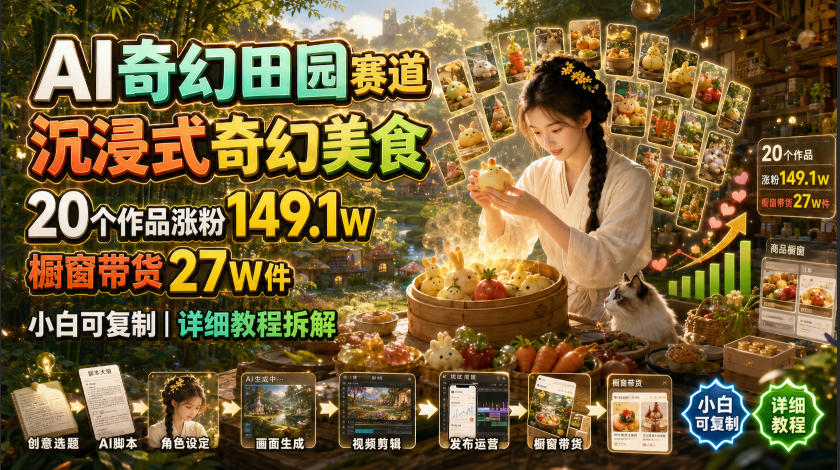 AI奇幻田园赛道，沉浸式奇幻美食，20个作品涨粉149.1W，橱窗带货27W件，小白可复制，详细教程拆解 - 项目资源网
