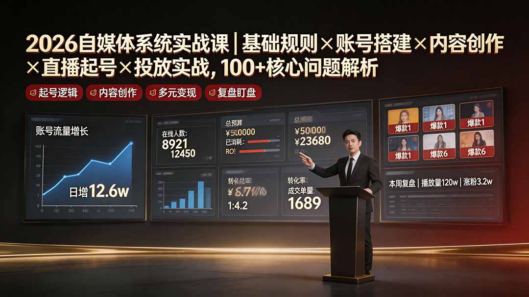 2026自媒体系统实战课｜基础规则×账号搭建×内容创作×直播起号×投放实战，100+核心问题解析 - 项目资源网