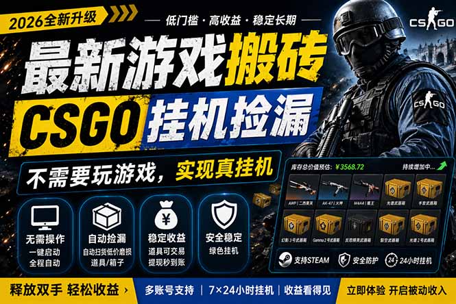 最新游戏搬砖，CSGO纯挂机，不需要玩游戏，实现真挂机，月入1W+，五一小高峰上车可吃肉，… - 项目资源网