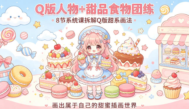 Q版人物+甜品食物团练，8节系统课拆解Q版甜系画法，画出属于自己的甜蜜插画世界 - 项目资源网