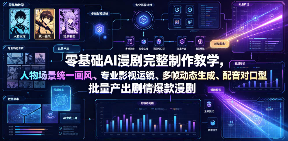 零基础AI漫剧完整制作教学，人物场景统一画风、专业影视运镜、多帧动态生成、配音对口型，批量产出剧情爆款漫剧 - 项目资源网