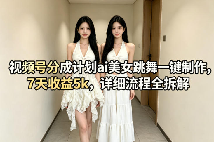 视频号分成计划ai美女跳舞一键制作，7天收益5k，详细流程全拆解 - 项目资源网