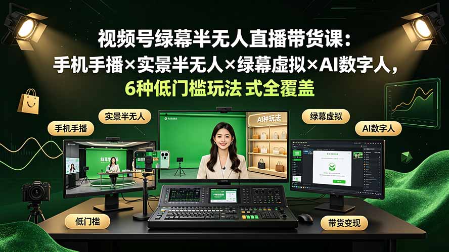 视频号绿幕半无人直播带货课：手机手播×实景半无人×绿幕虚拟×AI数字人，6种低门槛玩法全覆盖 - 项目资源网