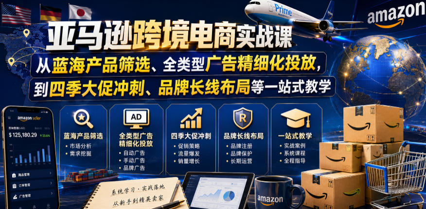 亚马逊跨境电商实战课，从蓝海产品筛选、全类型广告精细化投放，到四季大促冲刺、品牌长线布局等一站式教学 - 项目资源网