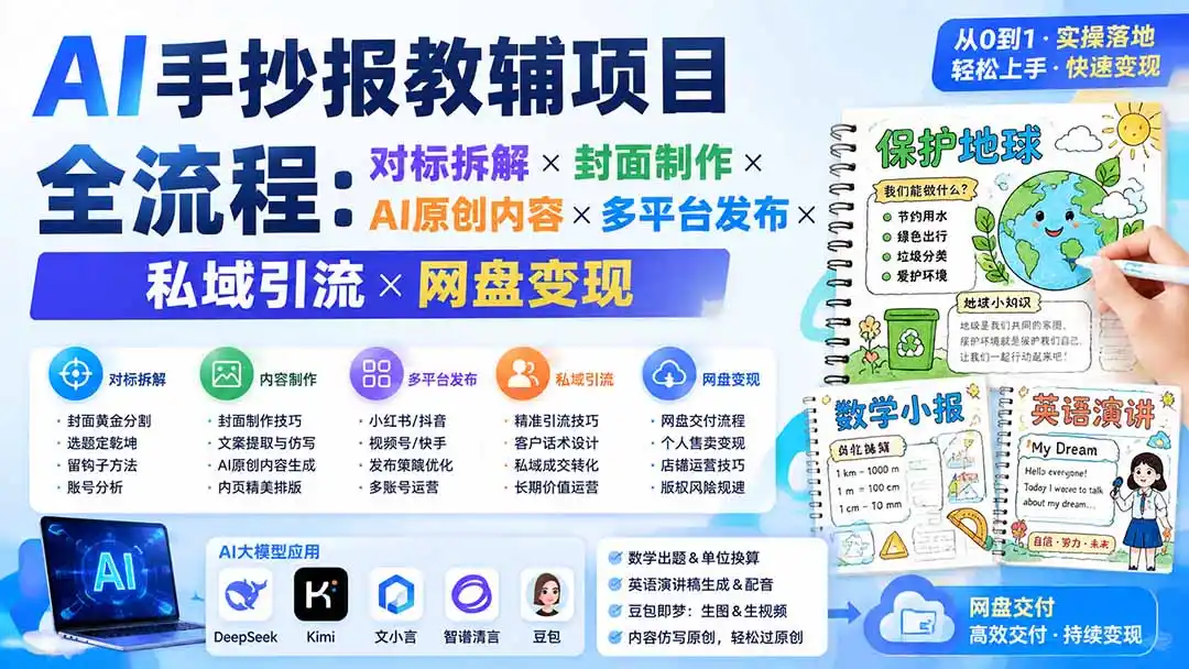 AI手抄报教辅项目全流程：对标拆解×封面制作×AI原创内容×多平台发布×私域引流×网盘变现 - 项目资源网