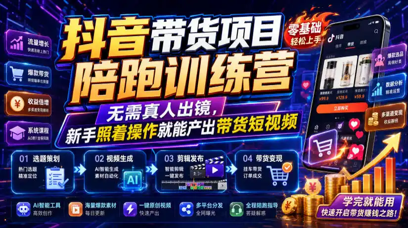 抖音带货项目陪跑训练营，无需真人出镜，新手照着操作就能产出带货短视频(更新0811) - 项目资源网