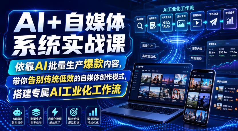 AI+自媒体系统实战课，依靠AI批量生产爆款内容，带你告别传统低效的自媒体创作模式，搭建专属AI工业化工作流 - 项目资源网