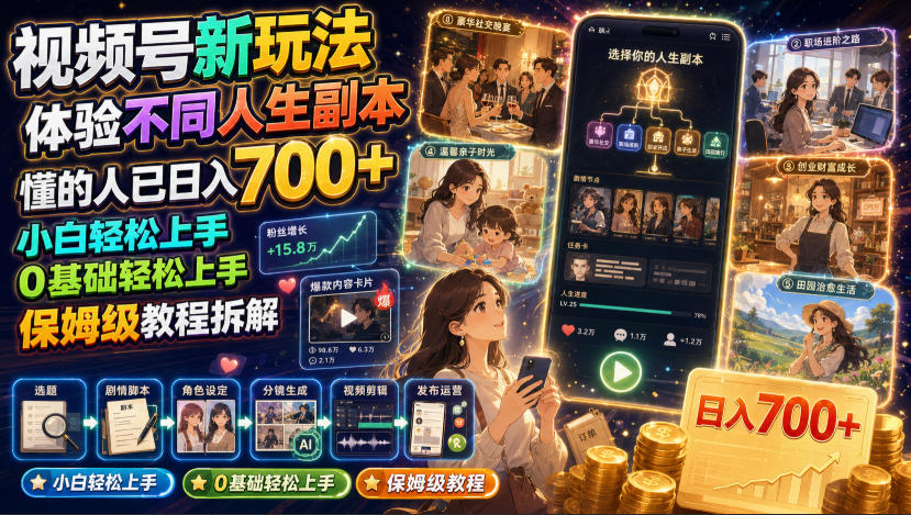 视频号新玩法体验不同人生副本，懂的人已日入700+，小白轻松上手，0基础轻松上手，保姆级教程拆解 - 项目资源网