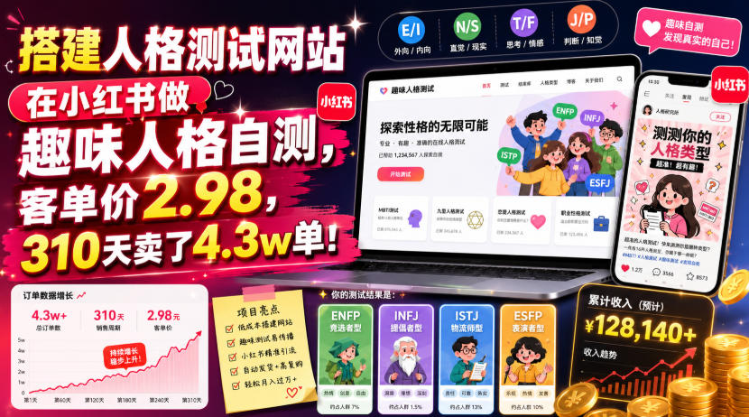 搭建人格测试网站在小红书做趣味人格自测，客单价2.98，310天卖了4.3w单！ - 项目资源网