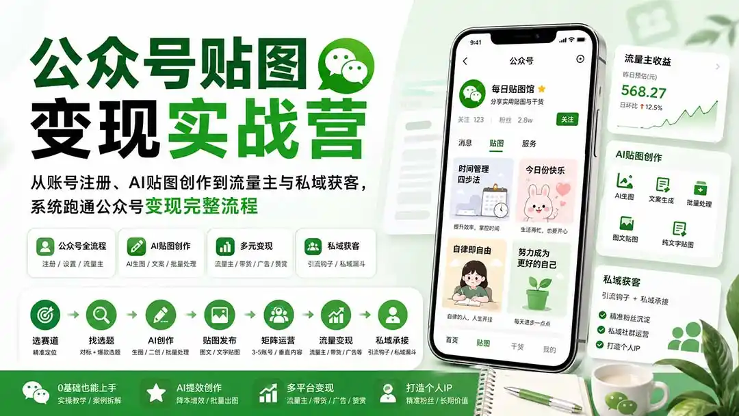 公众号贴图变现实战营：从账号注册、AI贴图创作到流量主与私域获客，系统跑通公众号变现完整流程 - 项目资源网
