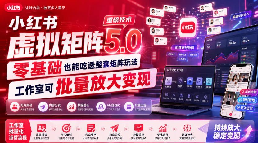 小红书虚拟矩阵5.0重磅技术，零基础也能吃透整套矩阵玩法，工作室可批量放大变现 - 项目资源网