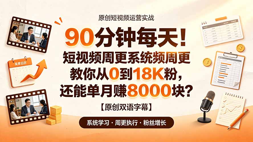 90 分钟每天！短视频周更系统教你从 0 到 18K 粉，还能单月赚 8000 块？【原创双语字幕】 - 项目资源网