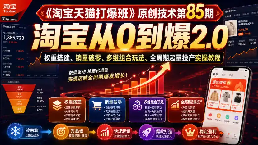 《淘宝天猫打爆班》原创技术第85期，淘宝从0到爆2.0，权重搭建、销量破零、多维组合玩法、全周期起量投产实操教程 - 项目资源网