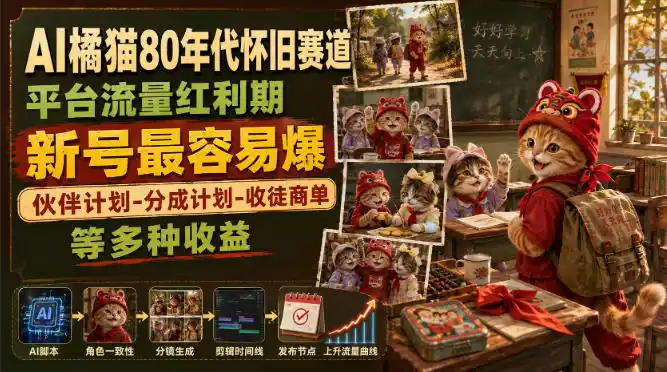 AI橘猫80年代怀旧赛道，平台流量红利期，新号最容易爆，伙伴计划-分成计划-收徒商单等多种收益 - 项目资源网