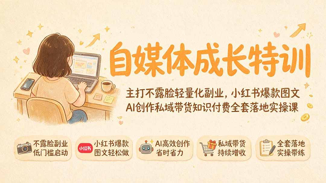 自媒体成长特训｜主打不露脸轻量化副业，小红书爆款图文AI创作私域带货知识付费全套落地实操课 - 项目资源网
