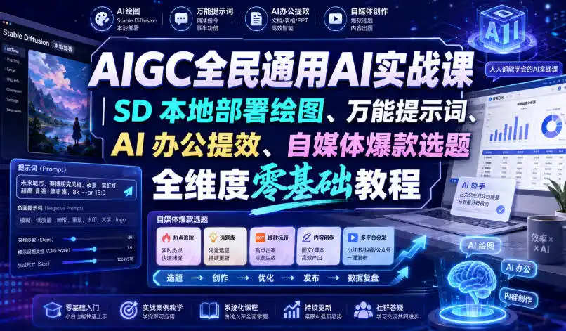 AIGC全民通用AI实战课｜SD本地部署绘图、万能提示词、AI办公提效、自媒体爆款选题全维度零基础教程 - 项目资源网