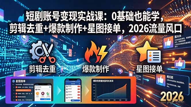 短剧账号变现实战课：0基础也能学，剪辑去重+爆款制作+星图接单，2026流量风口 - 项目资源网