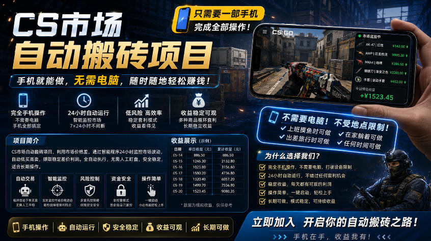 手机即可操作的CS市场自动搬砖系统｜自动监控｜自动下单|日入300+【揭秘】 - 项目资源网