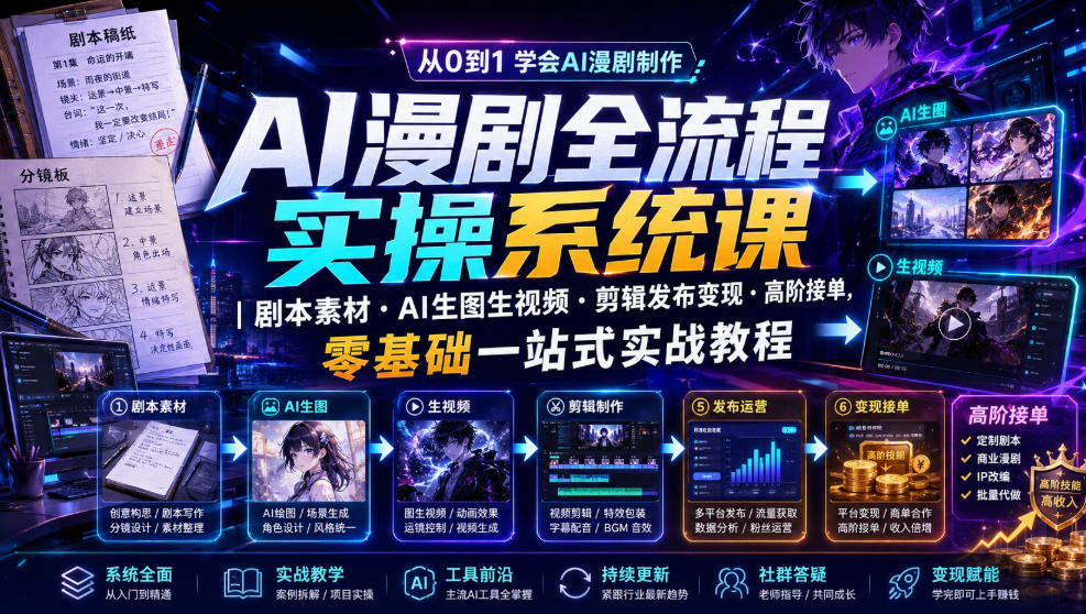 AI漫剧全流程实操系统课｜剧本素材・AI生图生视频・剪辑发布变现・高阶接单，零基础一站式实战教程 - 项目资源网