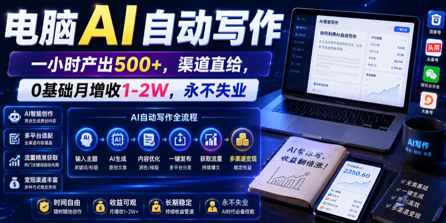 电脑AI自动写作，一小时产出500+，渠道直给，0基础月增收1-2W，永不失业【揭秘】 - 项目资源网