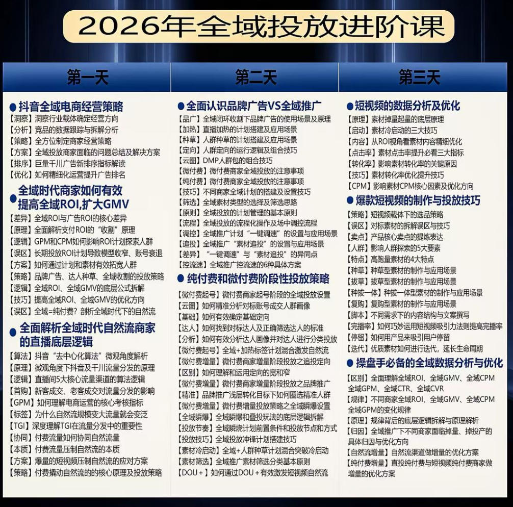千川扫地僧2026抖音全域投放进阶课，少走弯路·快速起量·掌控增长，6月12-14号杭州线下课(更新) - 项目资源网