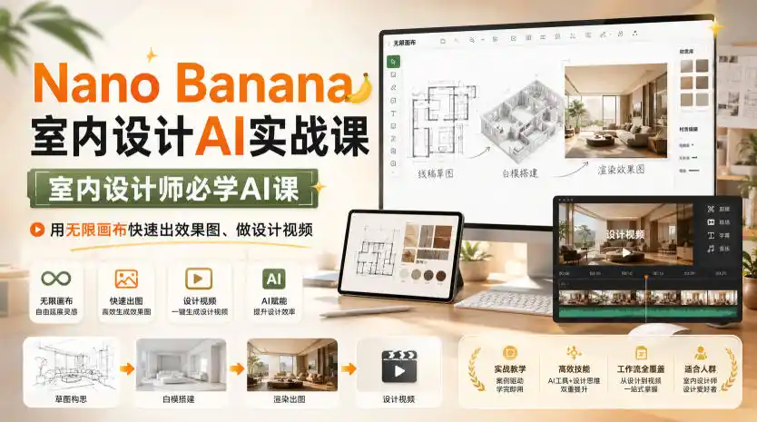Nano Banana室内设计AI实战课，室内设计师必学AI课，用无限画布快速出效果图、做设计视频 - 项目资源网