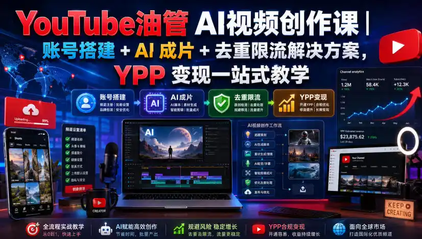YouTube油管AI视频创作课｜账号搭建+AI成片+去重限流解决方案，YPP变现一站式教学(更新0809) - 项目资源网