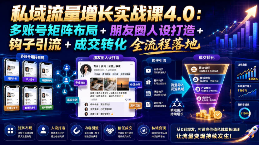 私域流量增长实战课4.0：多账号矩阵布局+朋友圈人设打造+钩子引流+成交转化全流程落地 - 项目资源网