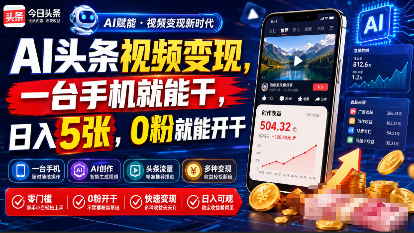 AI头条视频变现，一台手机就能干，日入5张，0粉就能开干 - 项目资源网