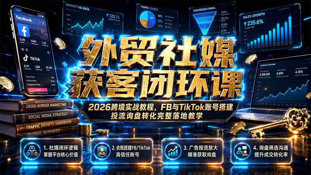 外贸社媒获客闭环课｜2026跨境实战教程，FB与TikTok账号搭建投流询盘转化完整落地教学 - 项目资源网