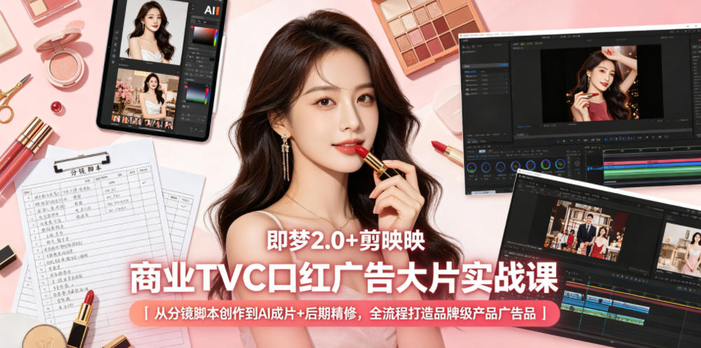 即梦2.0+剪映商业TVC口红广告大片实战课｜从分镜脚本创作到AI成片+后期精修，全流程打造品牌级产品广告 - 项目资源网