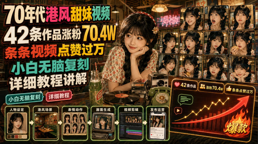70年代港风甜妹视频，42条作品涨粉70.4W，条条视频点赞过万，小白无脑复刻，详细教程讲解 - 项目资源网