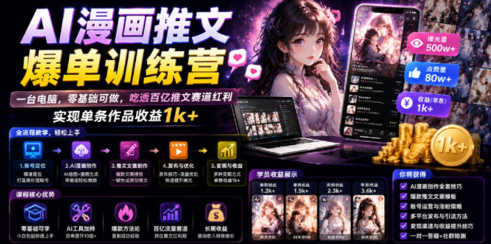 AI漫画推文爆单训练营，一台电脑，零基础可做，吃透百亿推文赛道红利，实现单条作品收益1k+ - 项目资源网