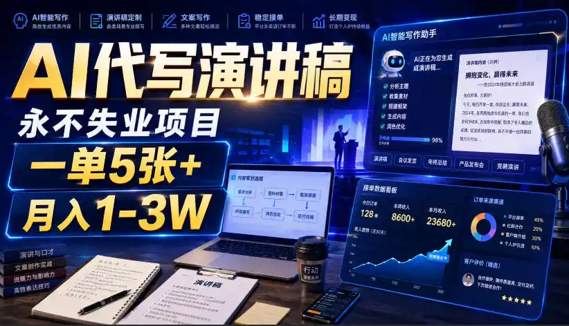 AI代写演讲稿，永不失业项目，一单5张+，月入1-3W【揭秘】 - 项目资源网