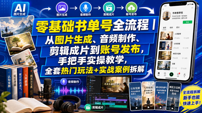 零基础书单号全流程｜从图片生成、音频制作、剪辑成片到账号发布，手把手实操教学，全套热门玩法+实战案例拆解 - 项目资源网